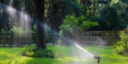 A sprinkler system waters a lush green lawn, surrounded by trees and shrubs, creating a misty effect as it operates.